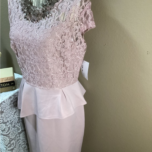 New Enfocus Studio Peplum Lace Pink Midi Dress - Picture 3 of 14